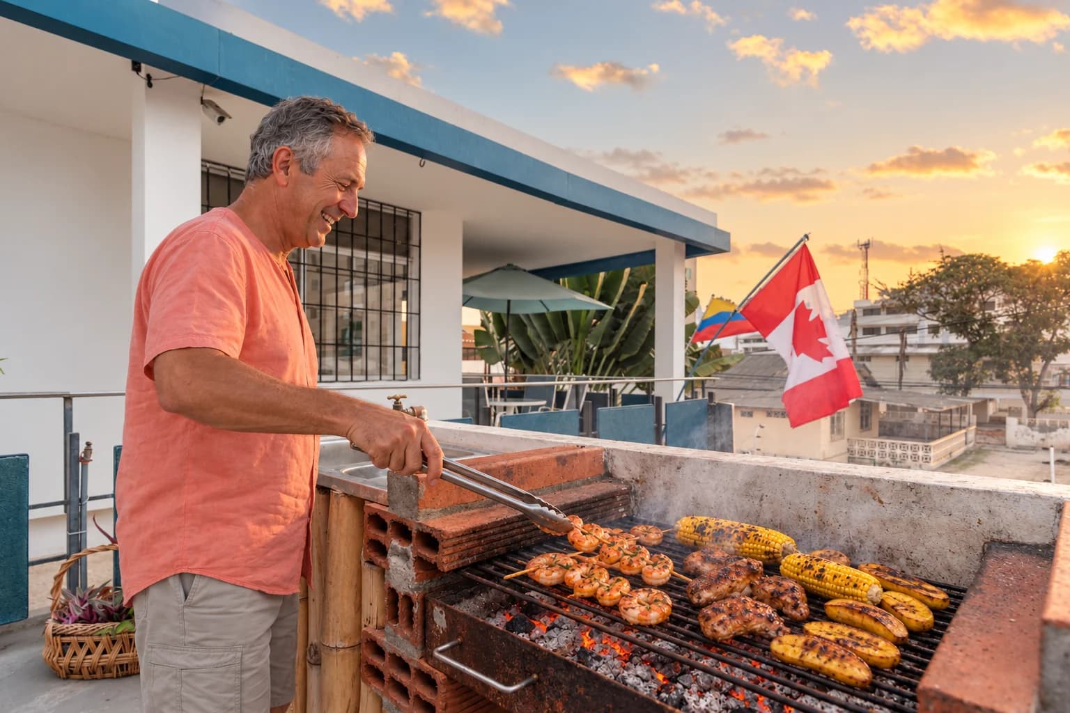 Escena ilustrativa de una parrillada al atardecer en Casa de Charlie; comidas no incluidas