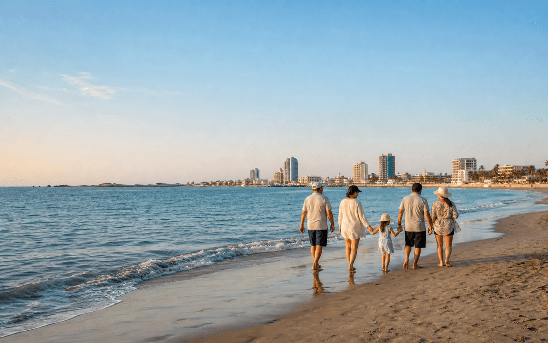 Ilustración editorial original de una familia caminando junto a una playa de Salinas