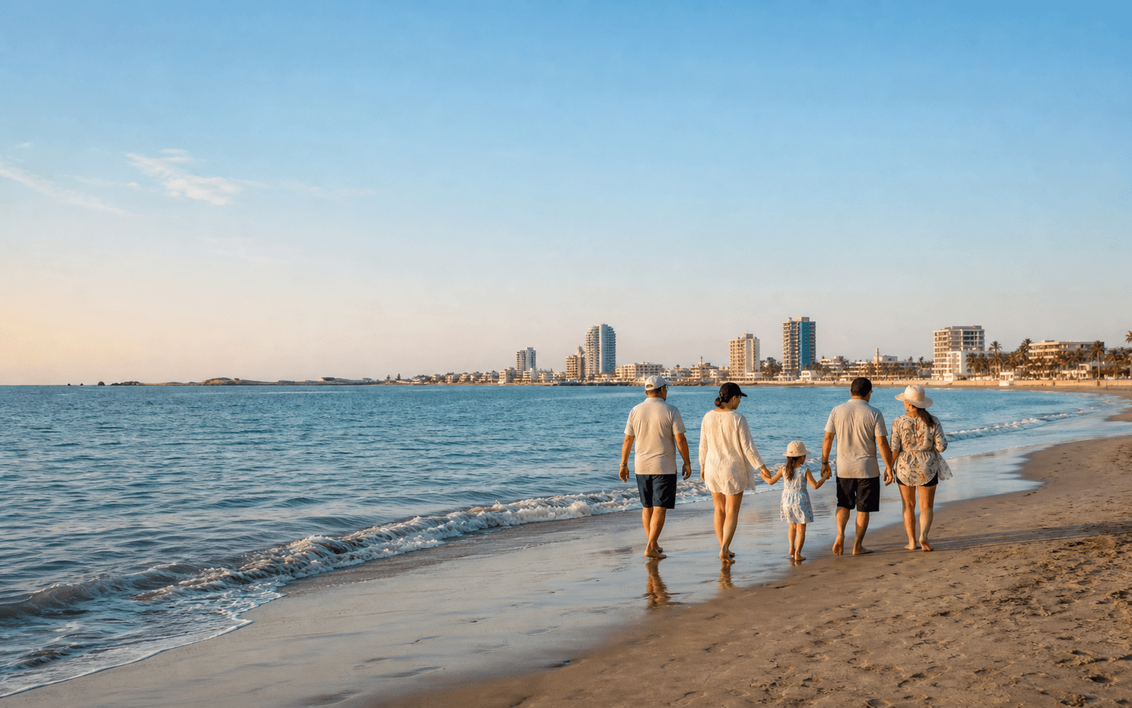 Ilustración editorial original de una familia caminando junto a una playa de Salinas