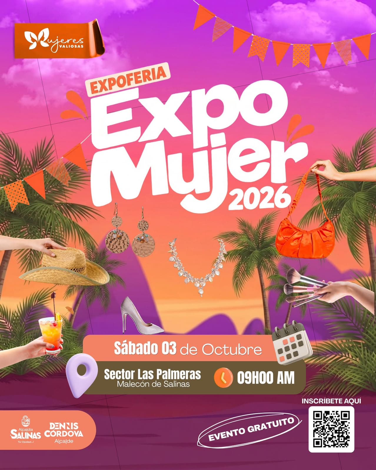 Afiche oficial de Expo Mujer 2026 en Las Palmeras, Malecón de Salinas