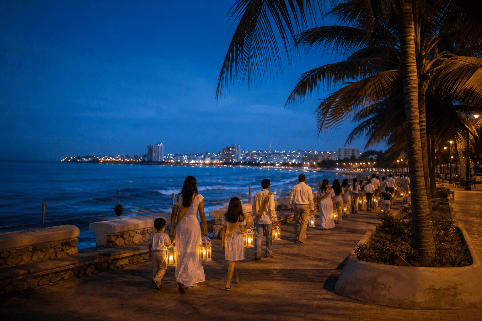 Celebración comunitaria al anochecer junto al mar en Salinas