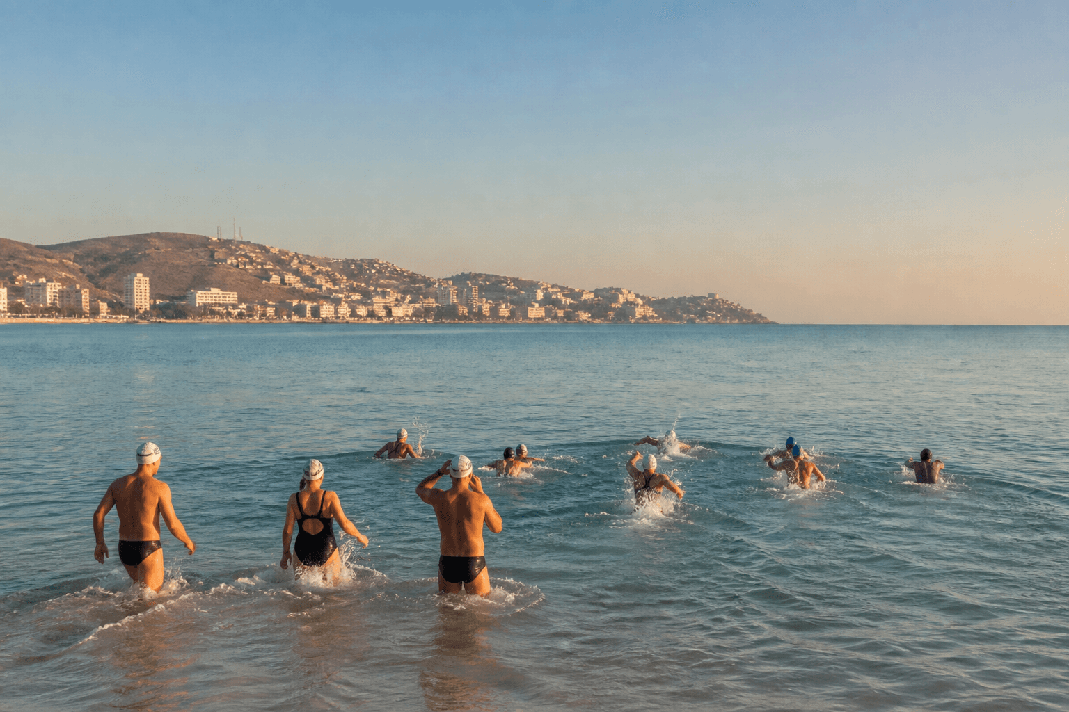 Nadadores entrando al mar durante una competencia de aguas abiertas en Salinas
